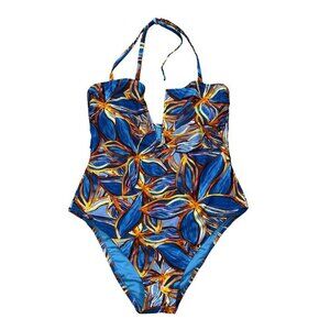 Fe Noel NWT High Leg Cheeky Deep V-Neck Leafy Palm Print Swimsuit Size XL
